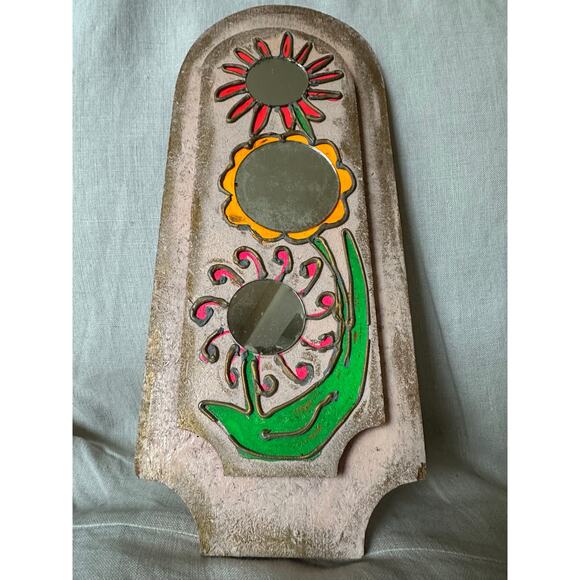 Vintage Folk Art Mirror Wooden Art pink flowers Painted Mirror - Picture 1 of 12
